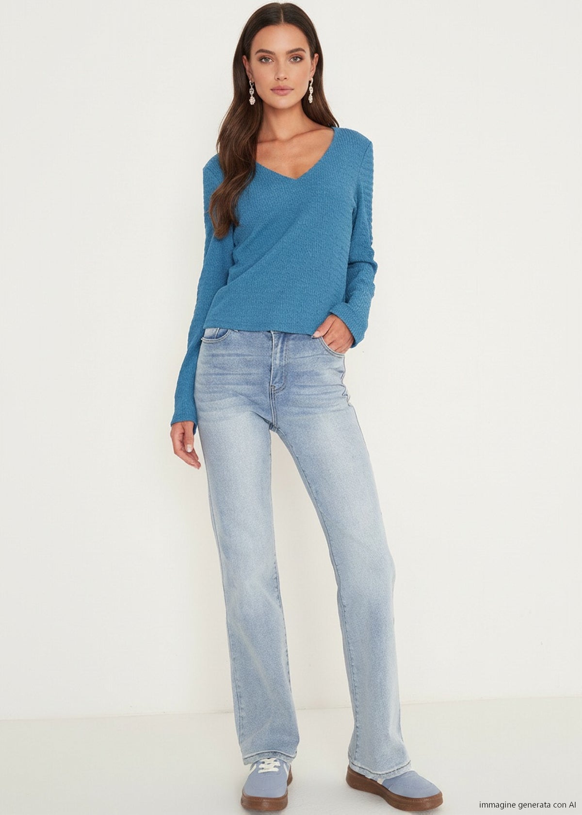 T-shirt Simply a rilievo con scollo a V